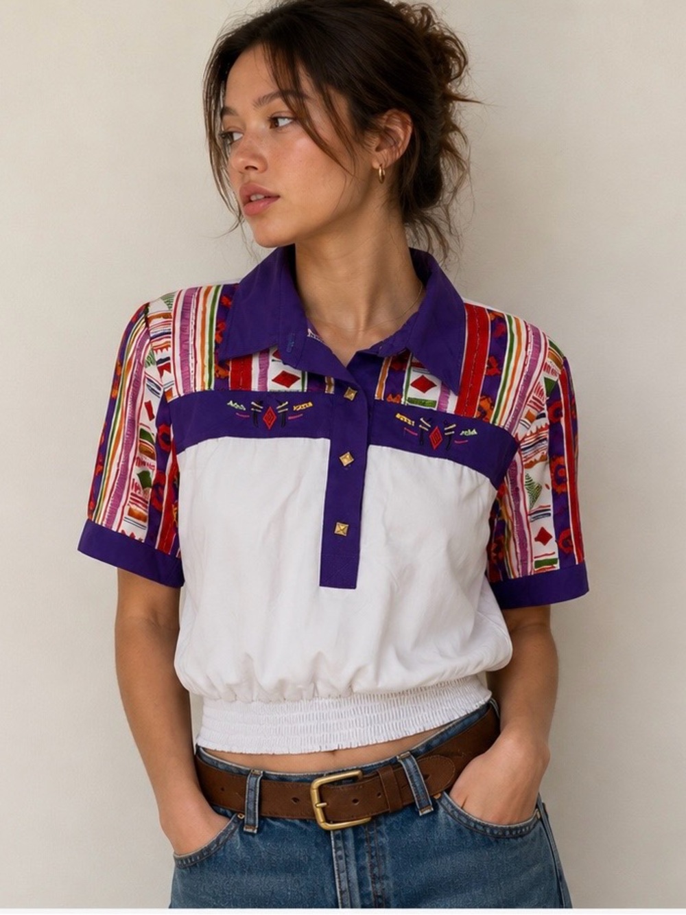 Vintage Brenda Goode‎ Western Cropped Top Colorful Print Smocked Waist